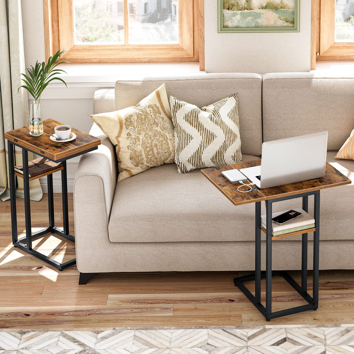 HOOBRO C-shaped end table slid under sofa for convenient reach