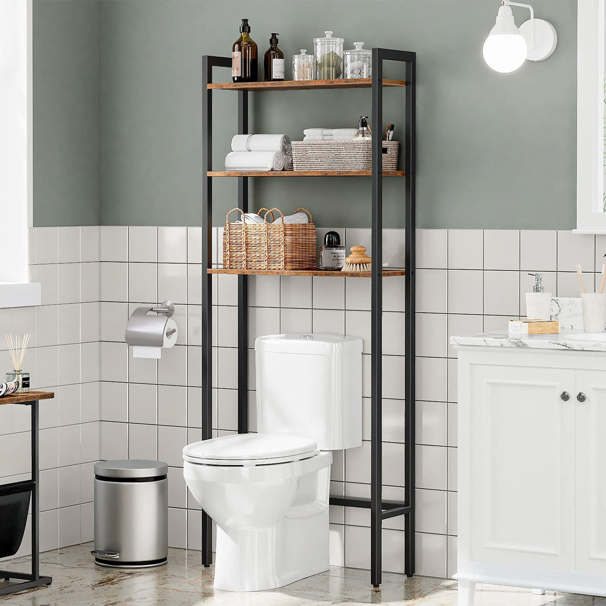 HOOBRO freestanding bathroom organizer with four legs behind the toilet for stability.