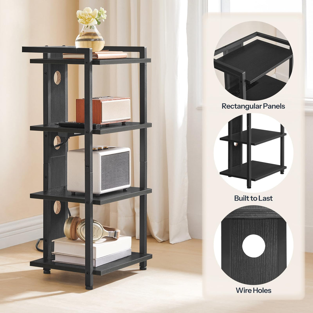 HOOBRO stand in living room displays decor and electronics neatly.
