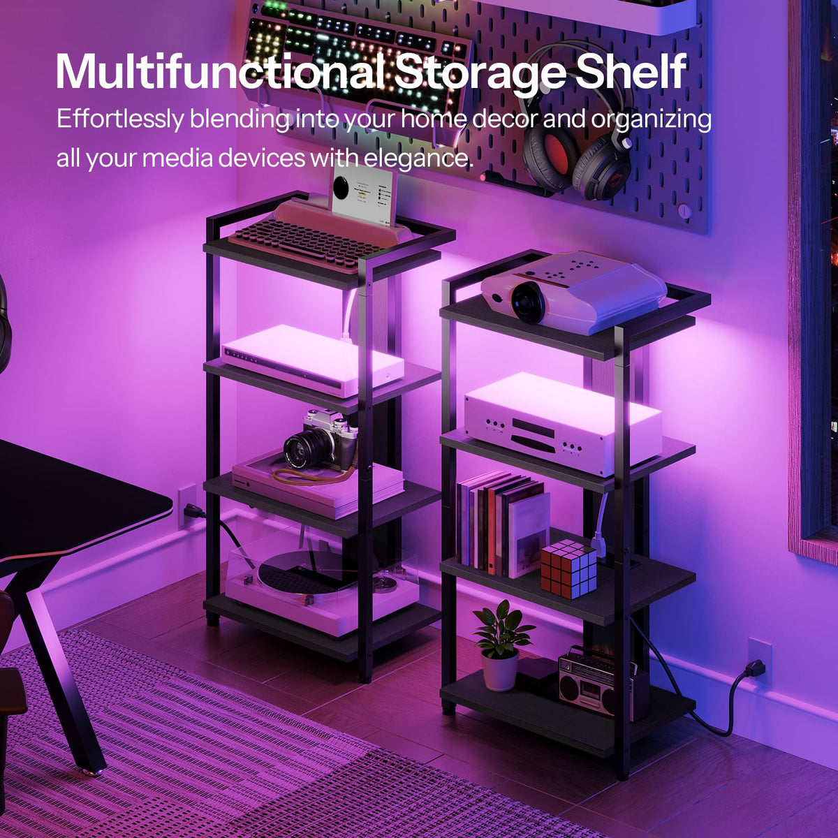 HOOBRO 4-tier shelf side view highlights compact footprint for living room setup.