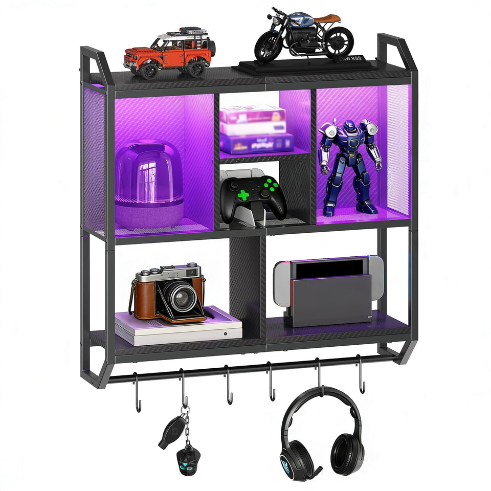 HOOBRO gaming floating shelves with LED lights offer vibrant ambience for a dynamic setup.