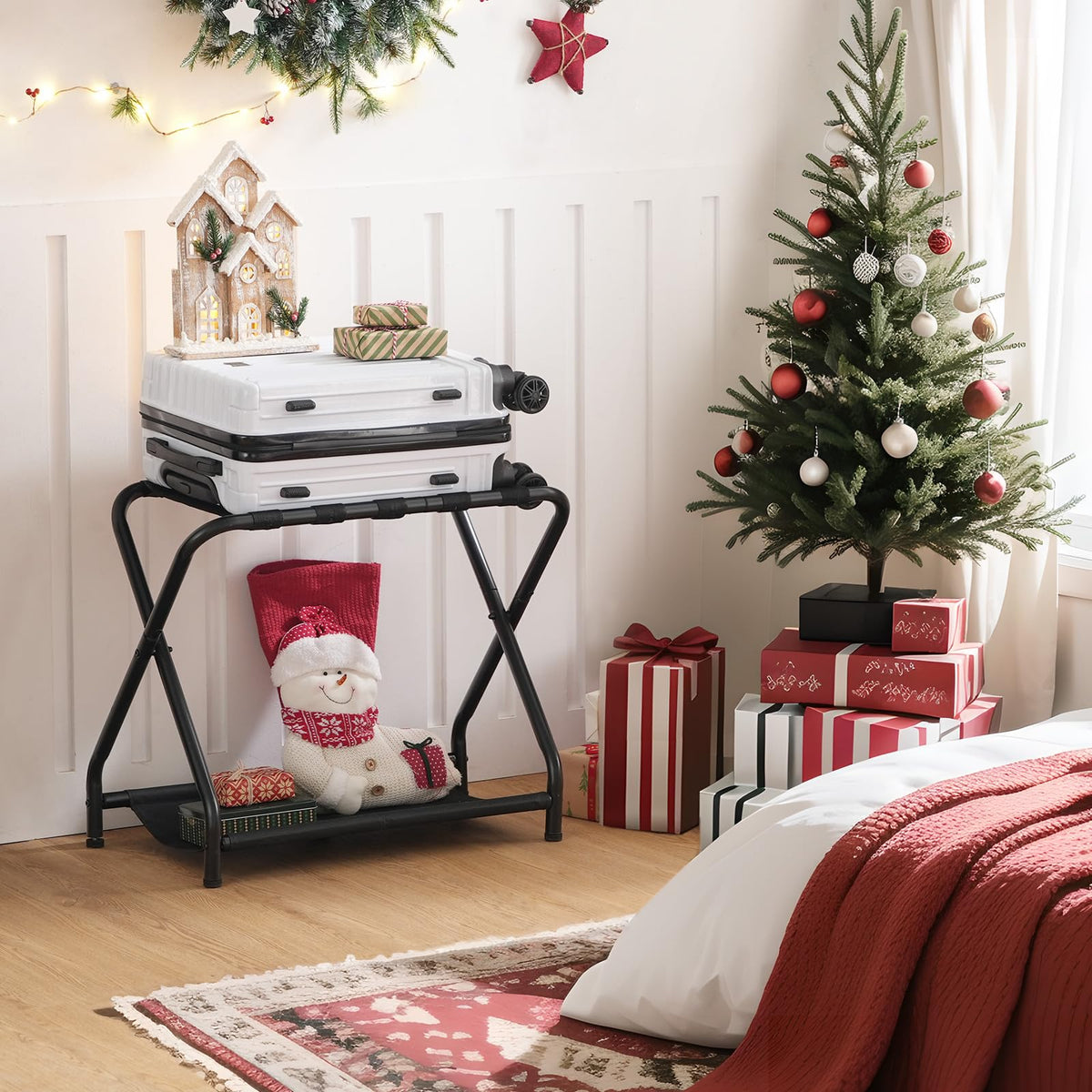 HOOBRO luggage rack bedroom-setup keeps pajamas organized and within reach.