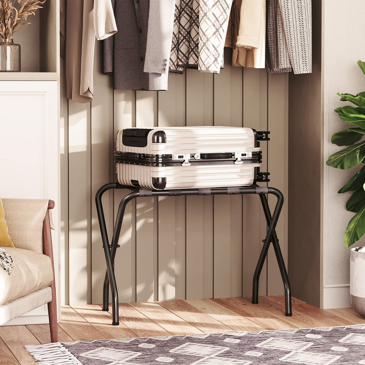 HOOBRO luggage rack open-with-suitcase illustrating easy packing height and access.