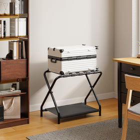 HOOBRO luggage rack side view demonstrates dual-layer storage for shoes and bags.