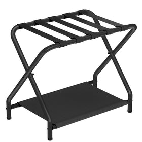 HOOBRO luggage rack top view with nylon straps securing a suitcase for easy access.