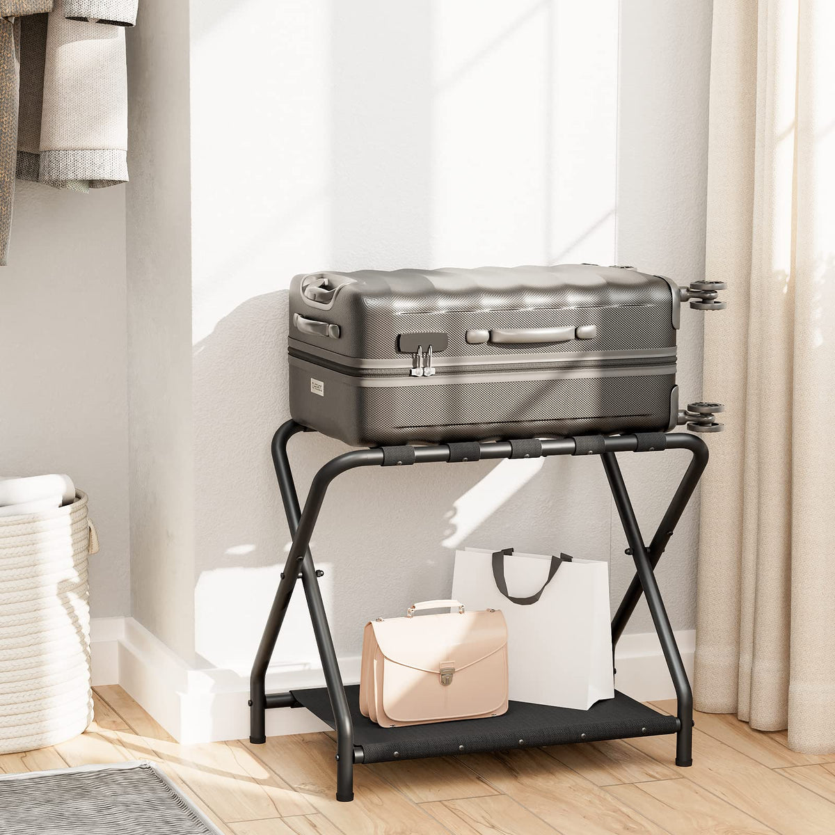 HOOBRO luggage rack two-layers storage displays top nylon straps and bottom fabric shelf.