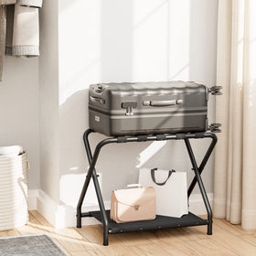 HOOBRO luggage rack two-layers storage displays top nylon straps and bottom fabric shelf.