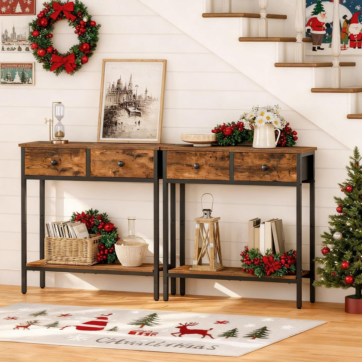 HOOBRO narrow console with two-tier storage shelves for books and decor.