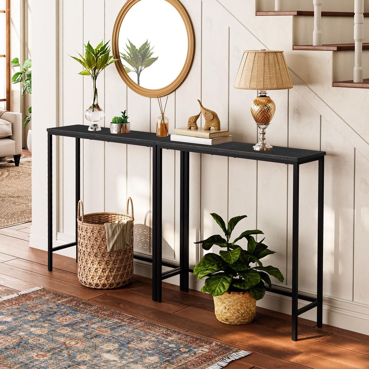 HOOBRO narrow console table side view highlights slim profile behind sofas.