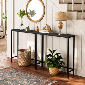 HOOBRO narrow console table side view highlights slim profile behind sofas.