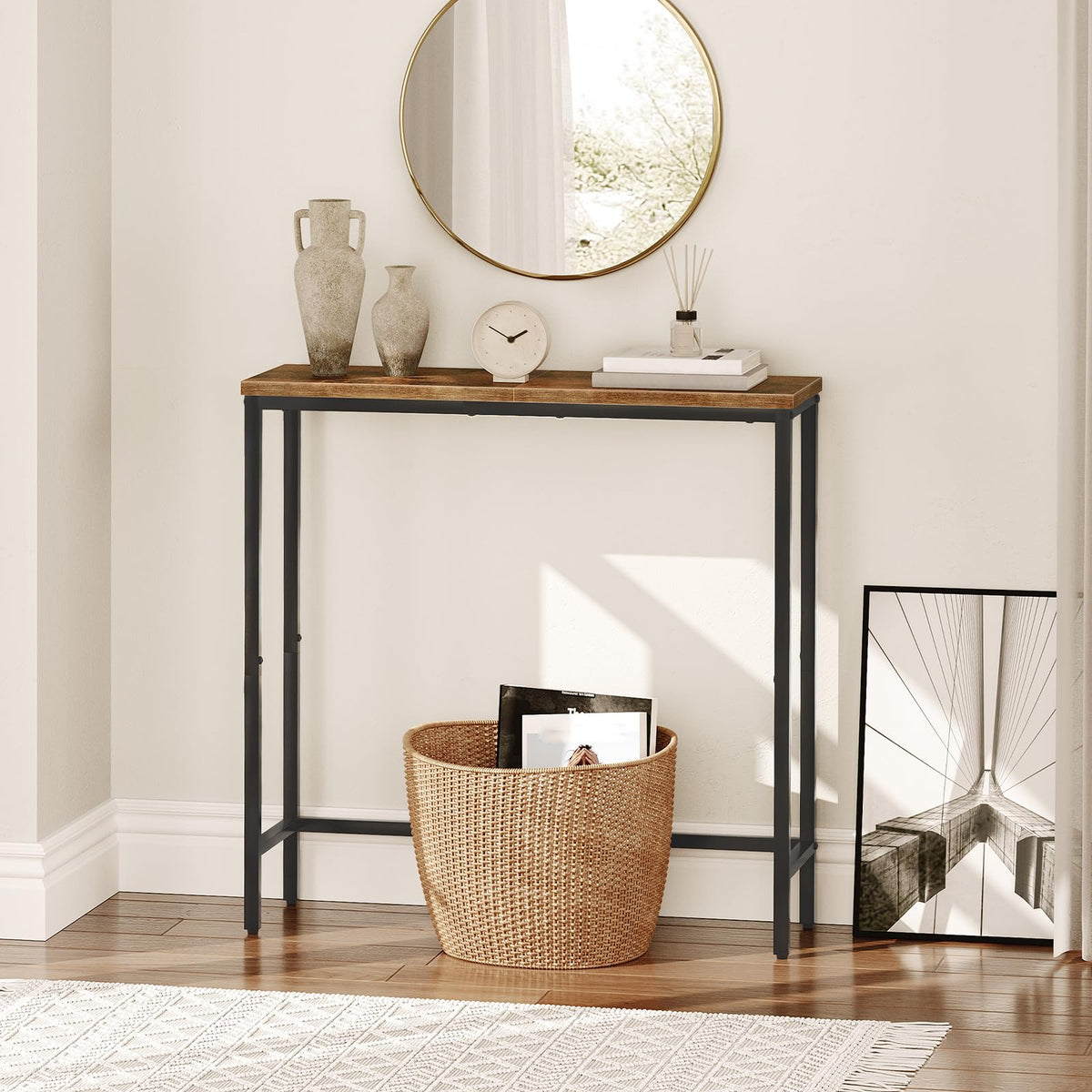 HOOBRO Narrow Console Table behind couch demonstrates multipurpose living room use.