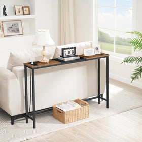HOOBRO narrow console table with power outlets, angled view, dual-color finish enhances living room decor.