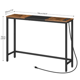 HOOBRO narrow console table behind sofa, elevated display shelf and charging station in use.