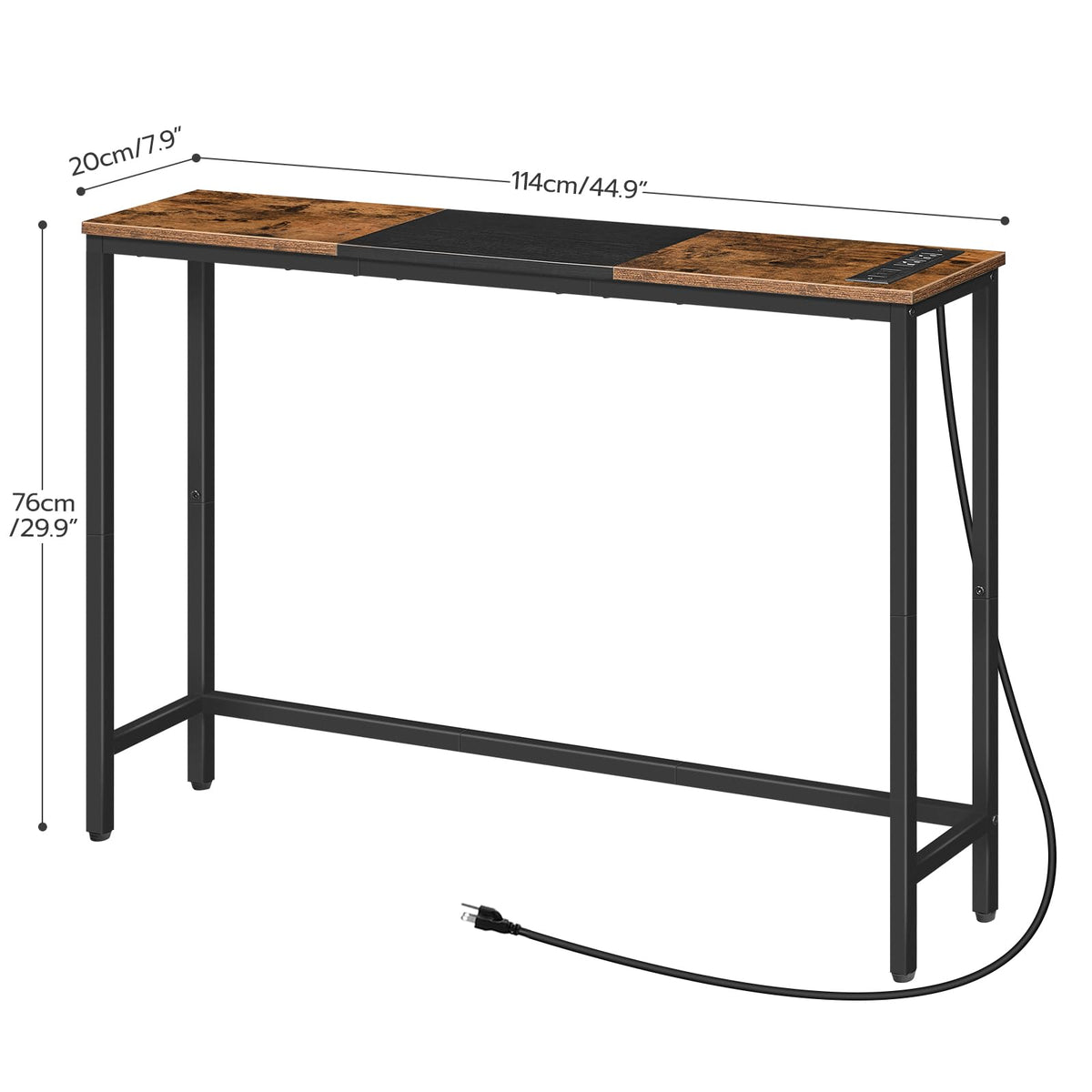 HOOBRO narrow console table behind sofa, elevated display shelf and charging station in use.
