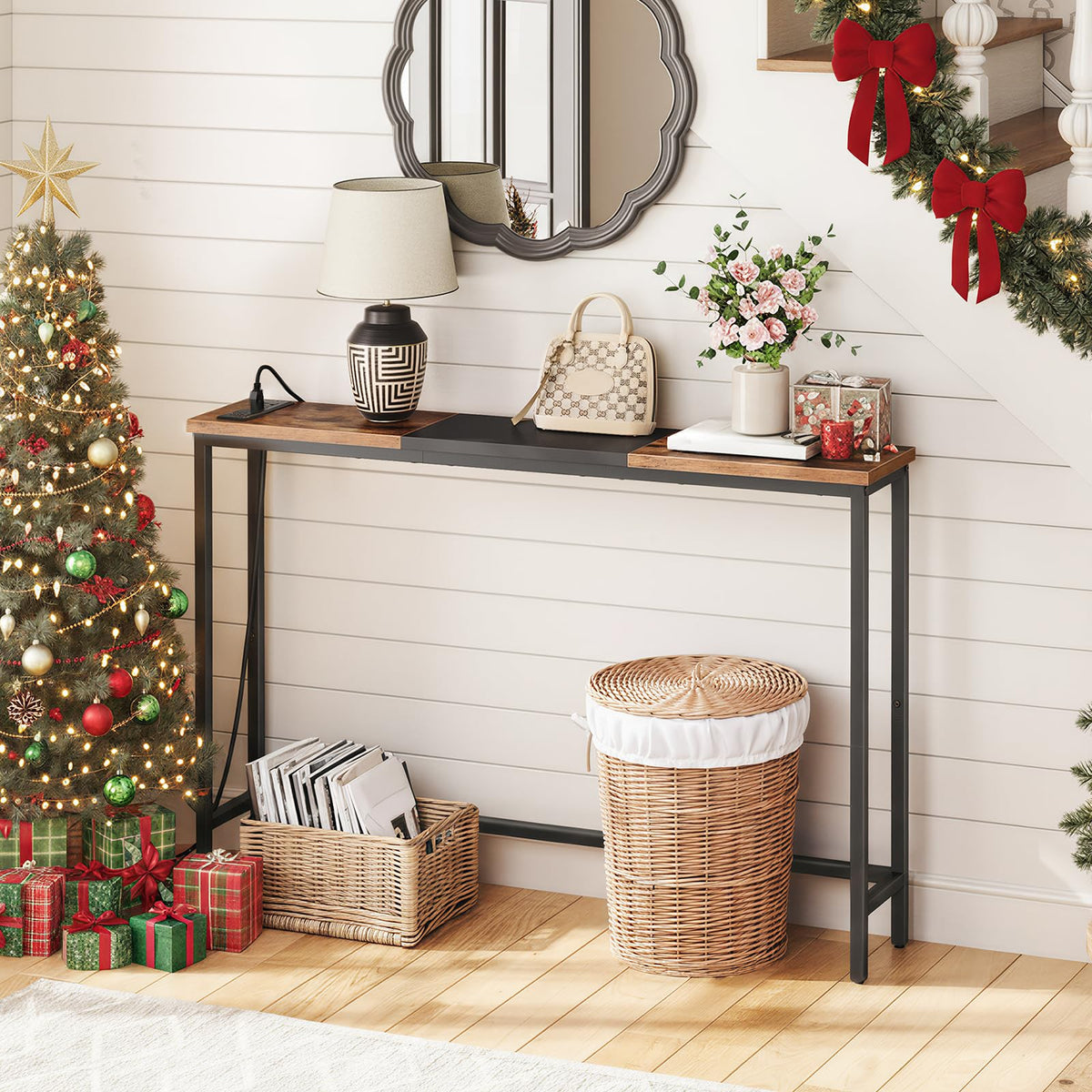 HOOBRO narrow console table with power outlets, left-side view, keeps cables organized in entryways.