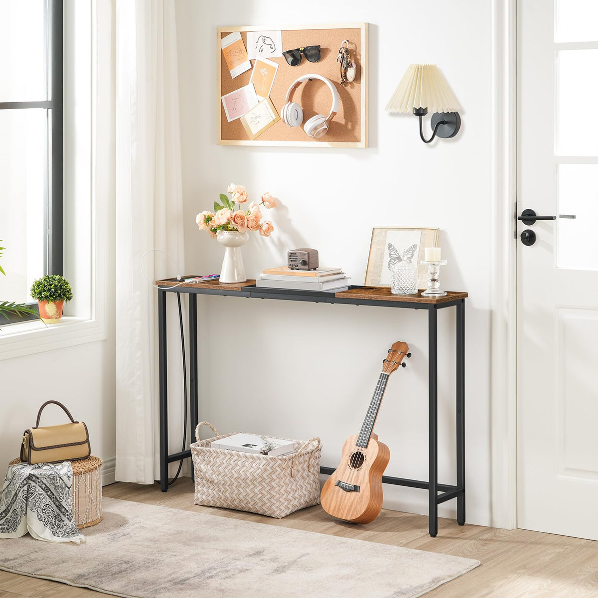 HOOBRO narrow console table with power outlets, right-side view, slim profile fits alcoves and hallways.