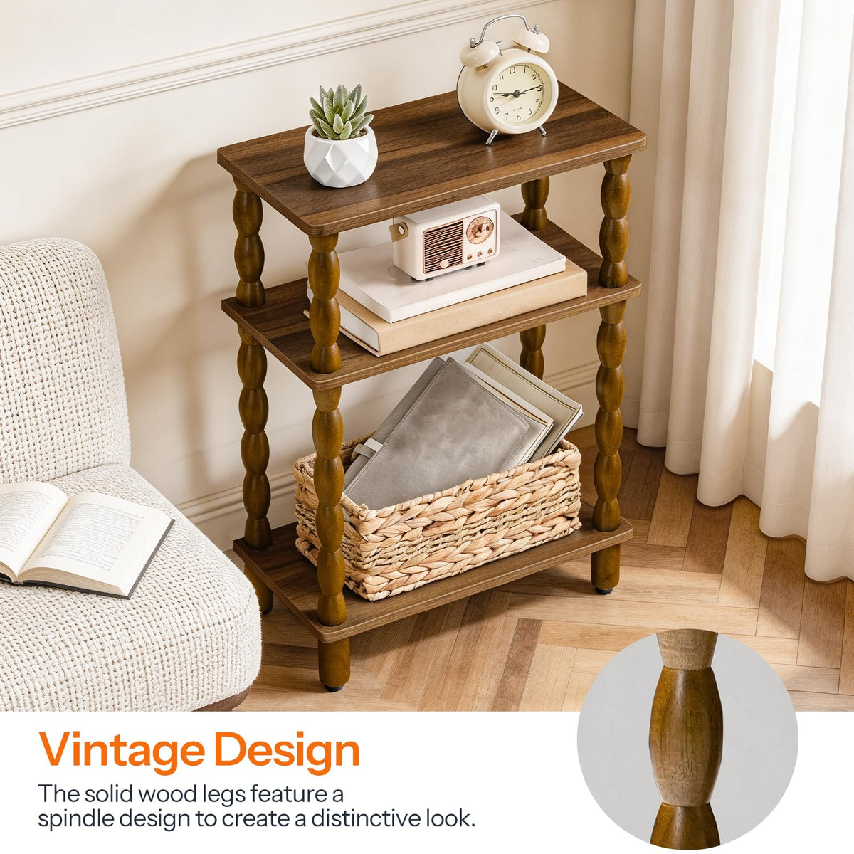HOOBRO walnut finish end table with open shelves for storage.