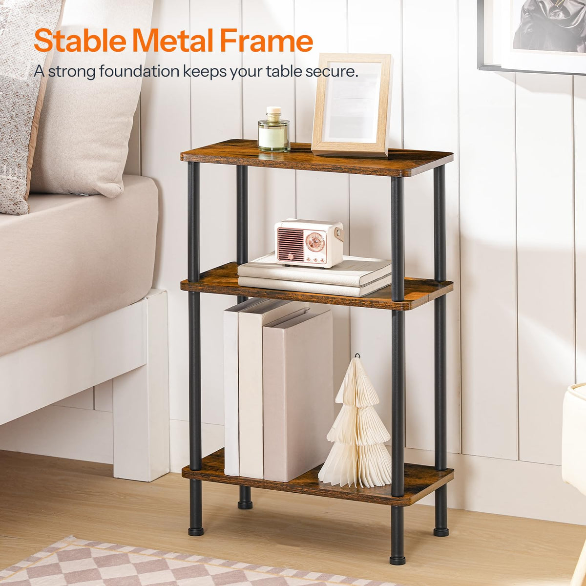 HOOBRO narrow side table material close-up highlights particleboard and metal construction.