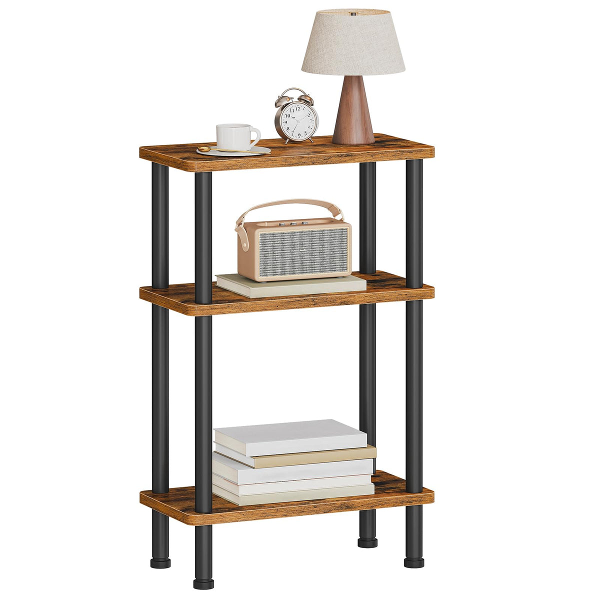 HOOBRO narrow side table top view shows three-tier storage for compact spaces.