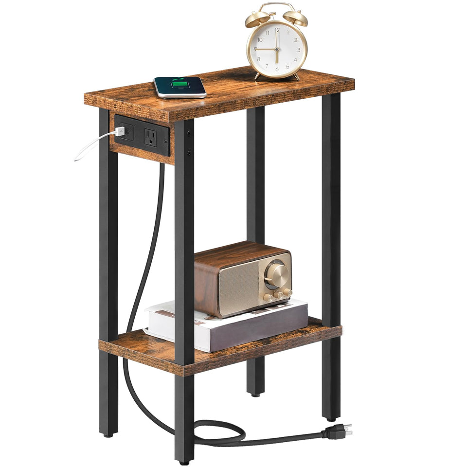 HOOBRO narrow side table with charging station beside the bed for convenient charging.