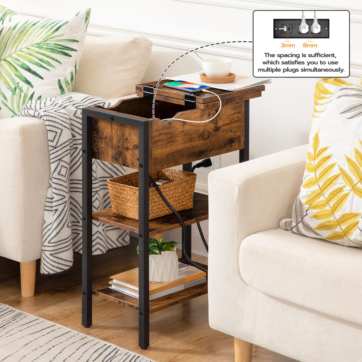 HOOBRO narrow side table with flip-top drawer offers concealed storage.