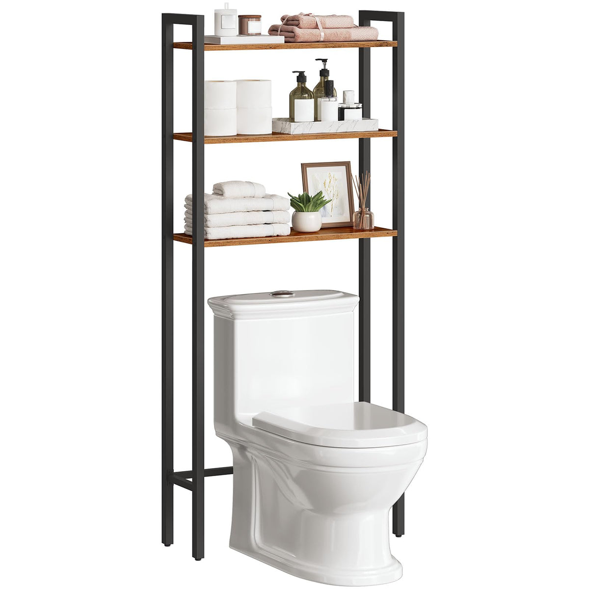 HOOBRO over-the-toilet storage with 3-tier shelves for organized bathroom essentials.
