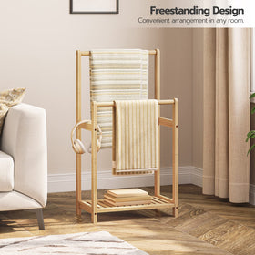 HOOBRO quilt-display ladder presenting blankets in bamboo finish