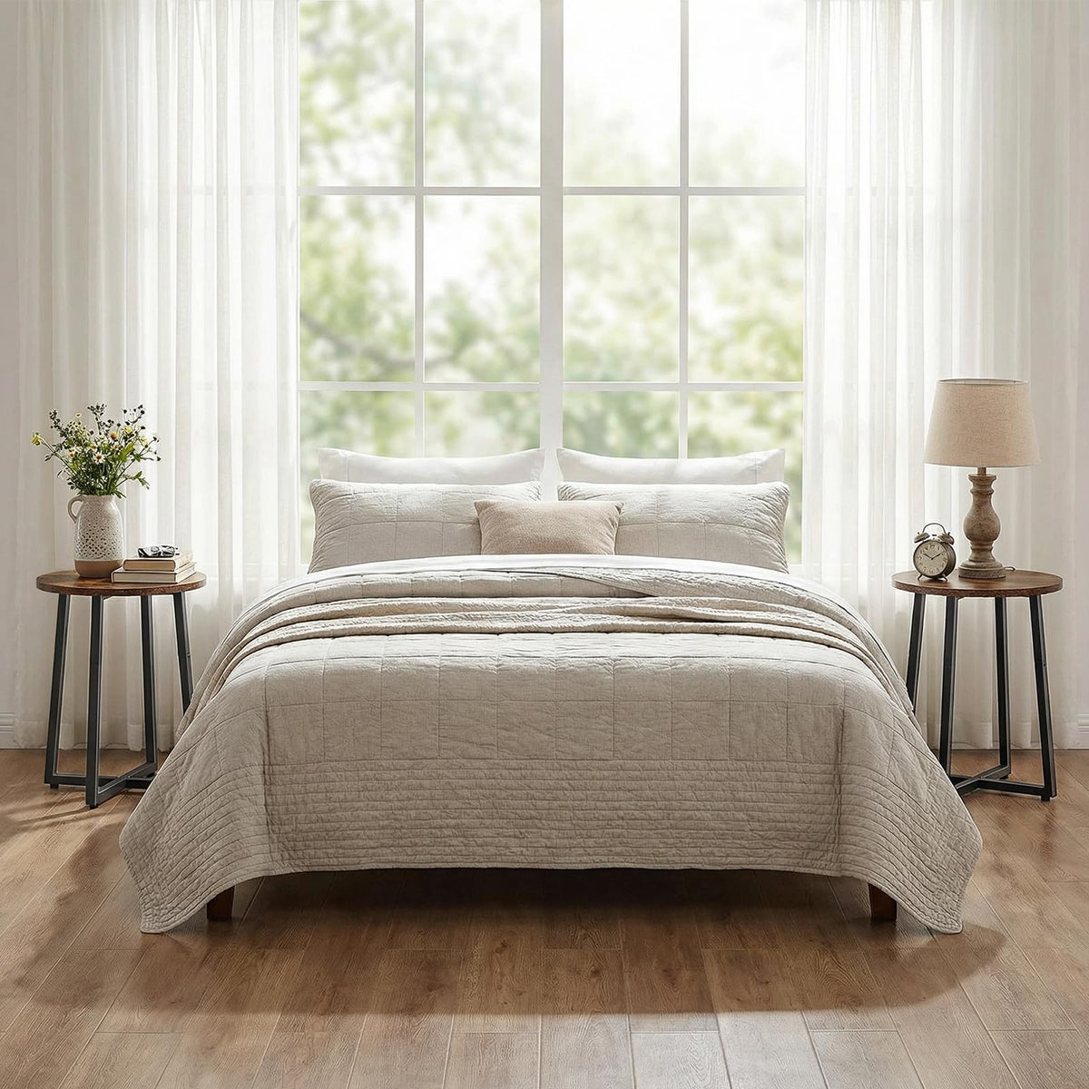 HOOBRO round side table used as a nightstand in a cozy bedroom.