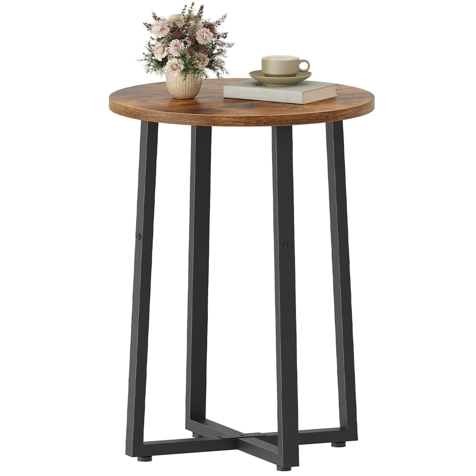 HOOBRO round side table with rustic brown top beside a sofa, perfect for drinks and remotes.