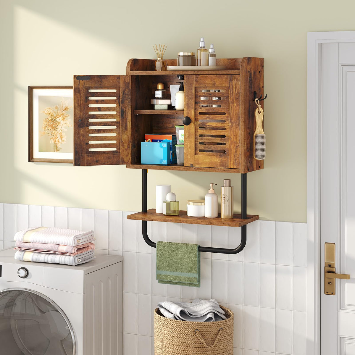 HOOBRO rustic brown cabinet with ventilated shutter doors adds style and airflow.