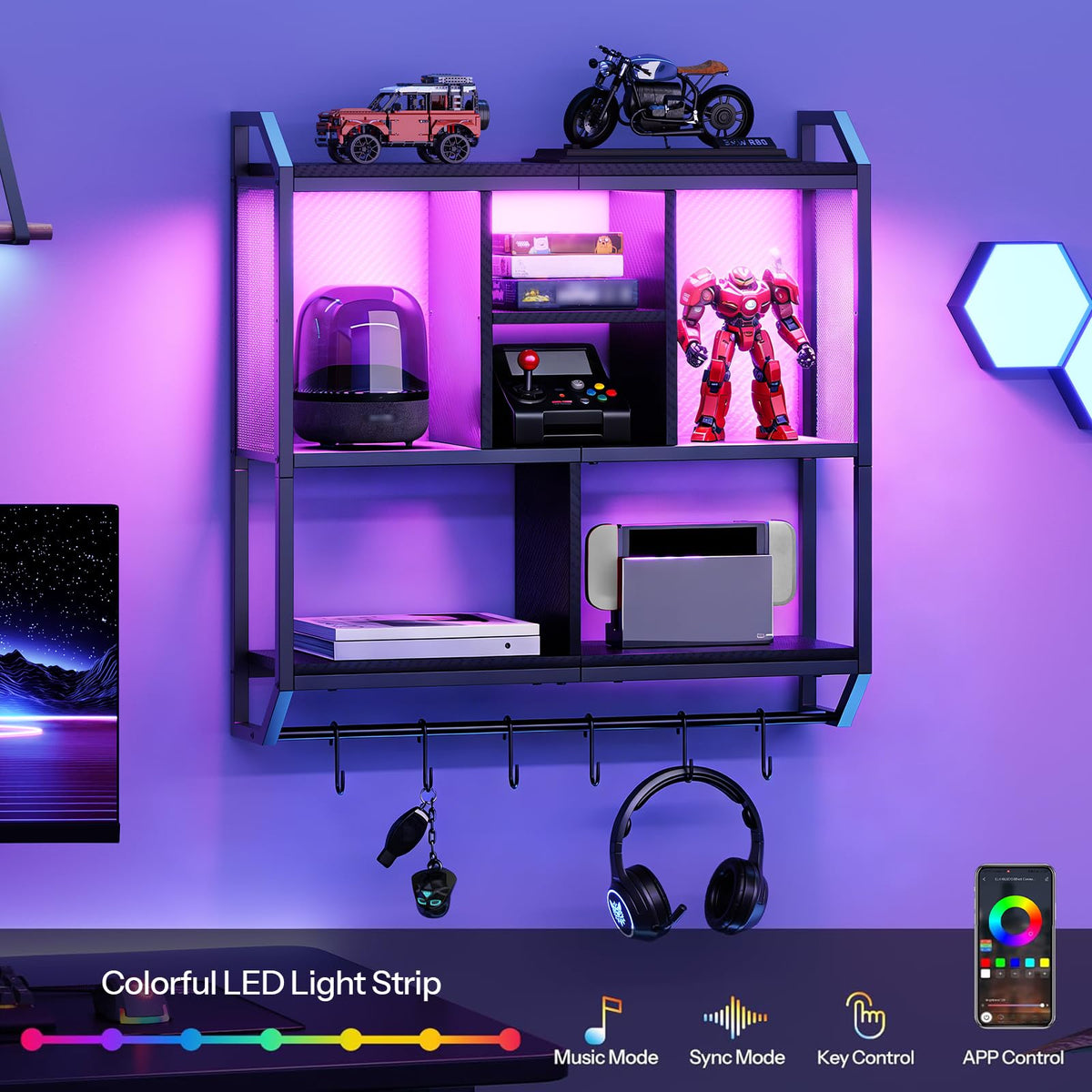 HOOBRO shelf includes S-hooks and hanging rod for organized accessories.