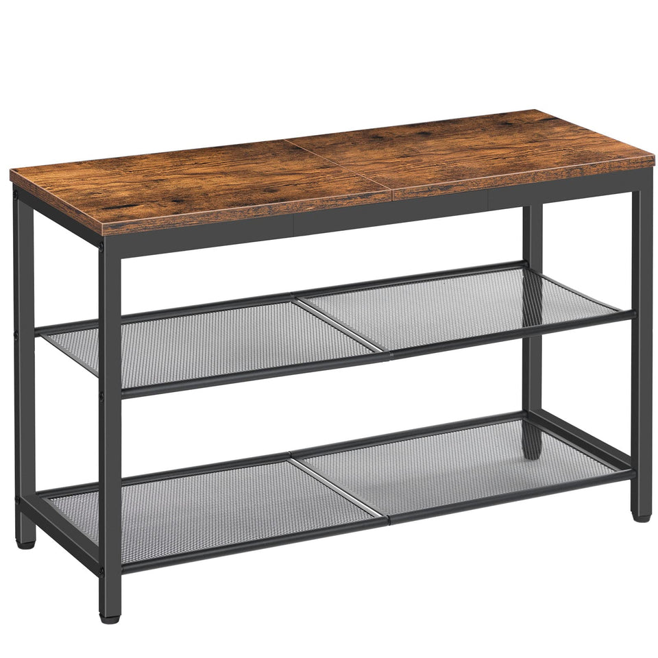 HOOBRO shoe bench with 3-tier industrial mesh shelves for organized entryway.