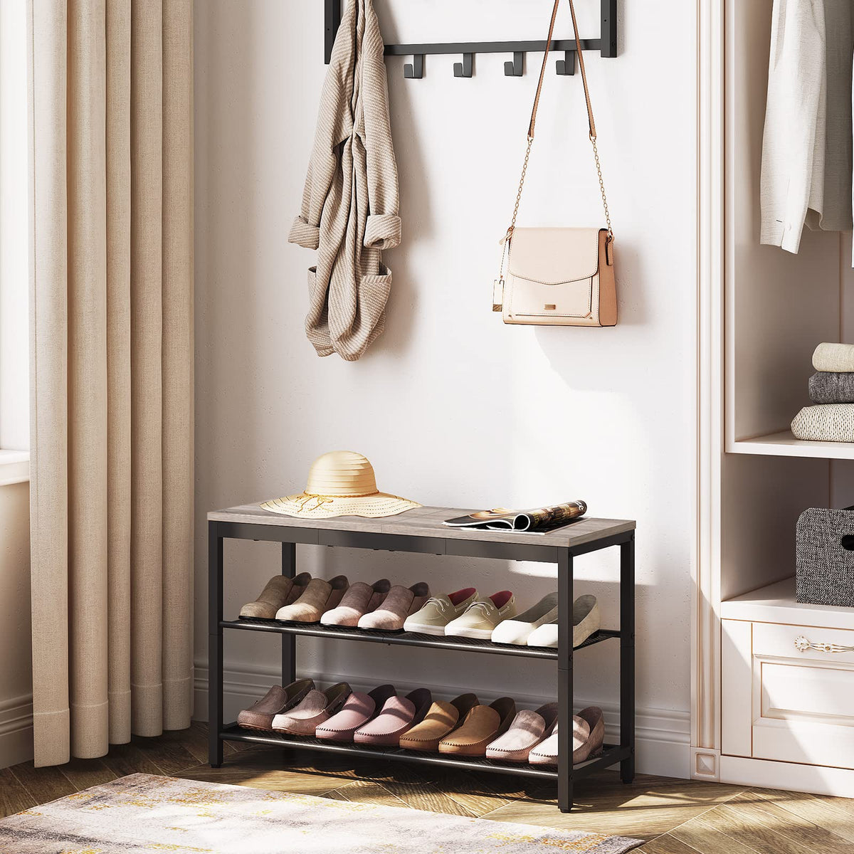 HOOBRO mesh shelves for breathability and tidy footwear display.