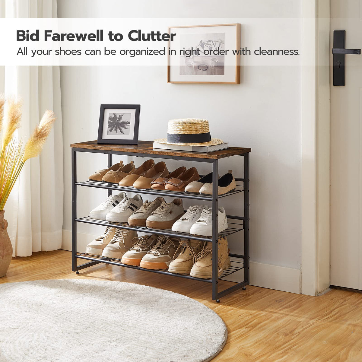 HOOBRO four-tier mesh shelves with tilt for versatile shoe storage.