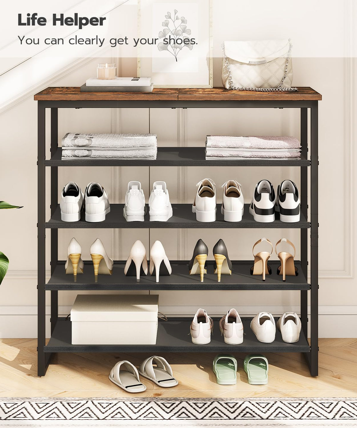 HOOBRO top-panel shelf view, decorative space for bags or plants.