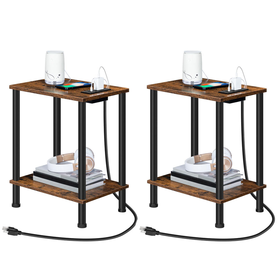 HOOBRO side table with charging station front view showing organized device charging
