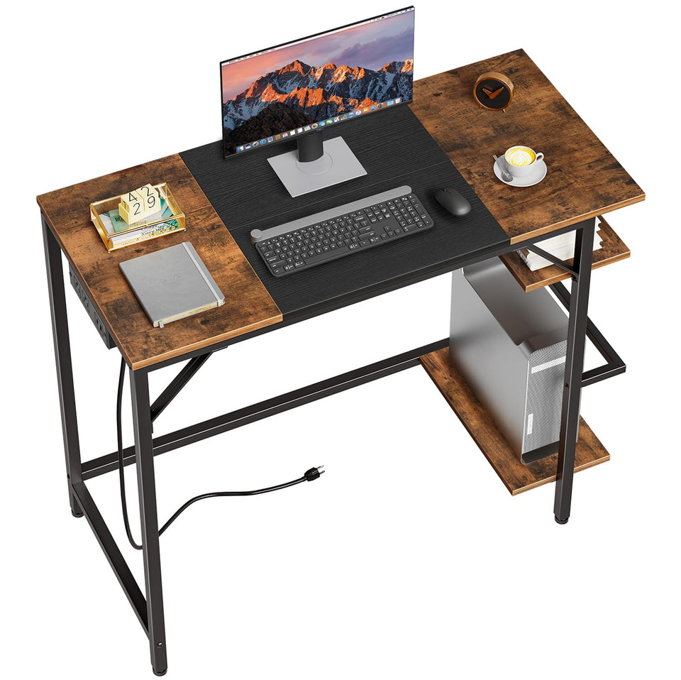 HOOBRO small computer desk with power outlet keeps devices charged and organized.