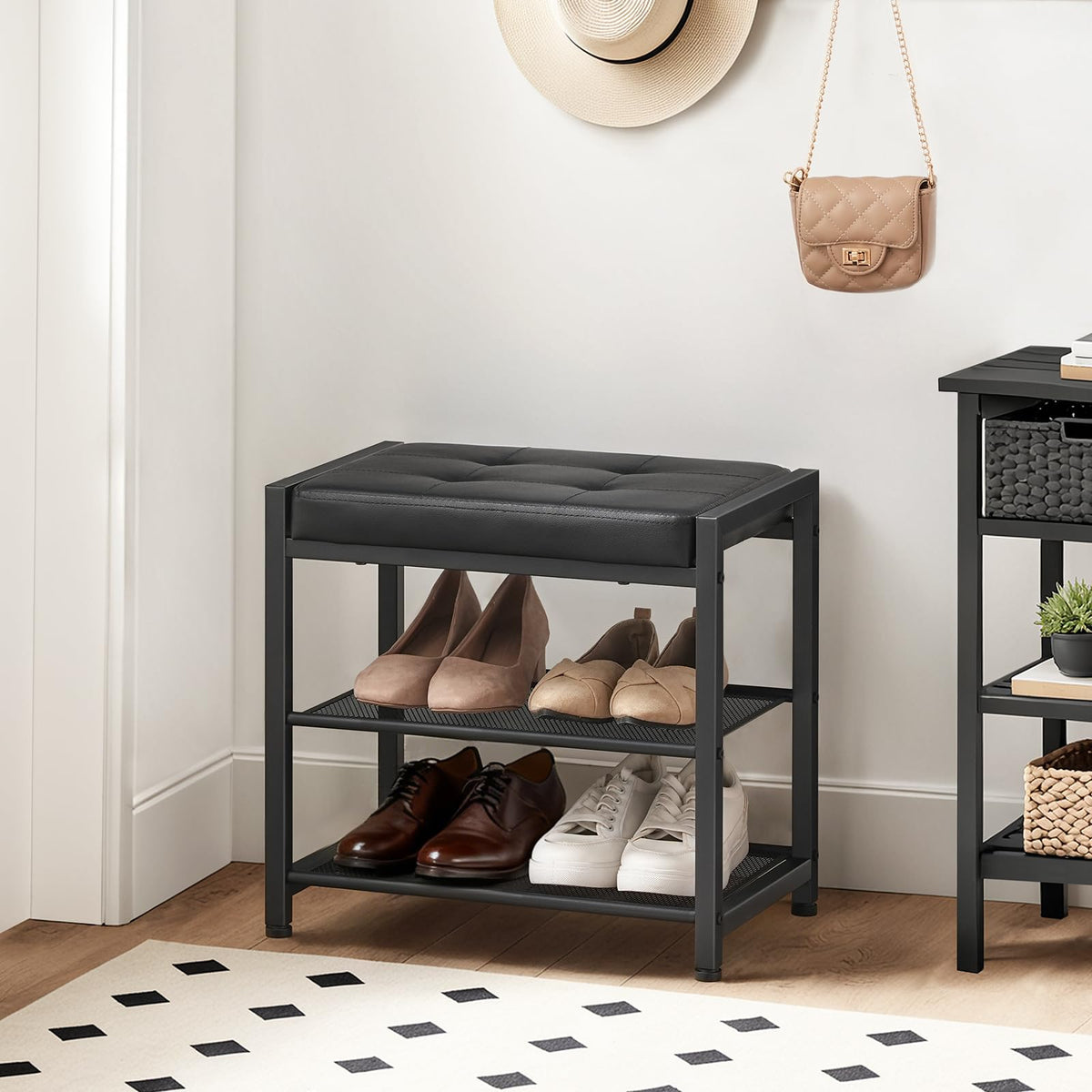 HOOBRO 3-tier shelves display four pairs of shoes in the entryway.