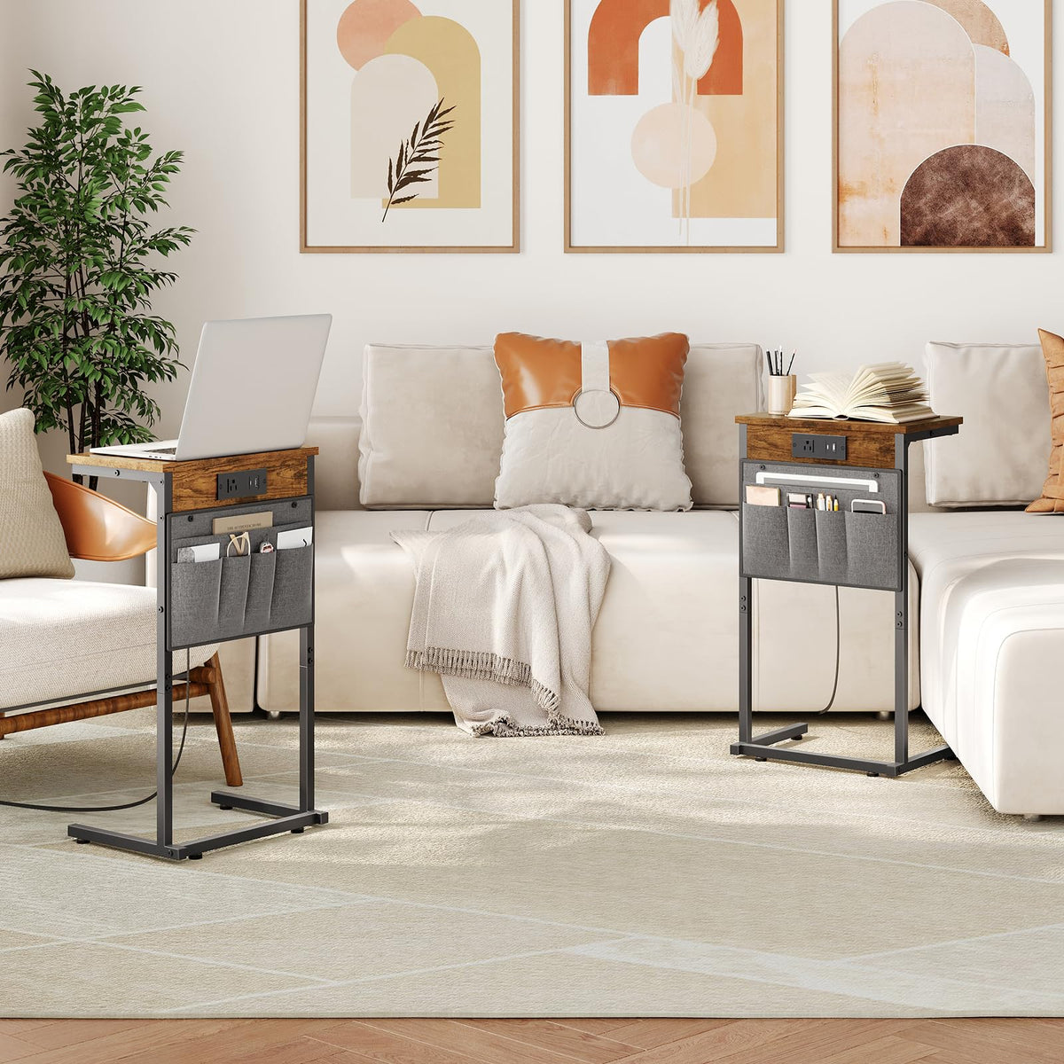 HOOBRO sofa-arm side table with storage pouch keeps remotes and chargers organized.
