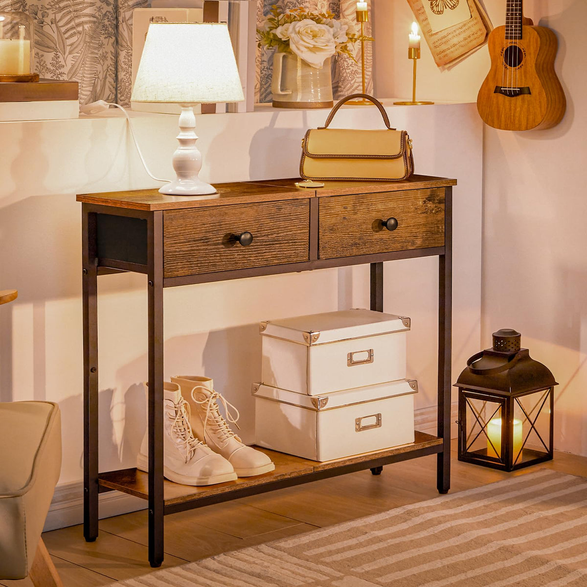 HOOBRO sofa table behind couch provides easy access from seating.