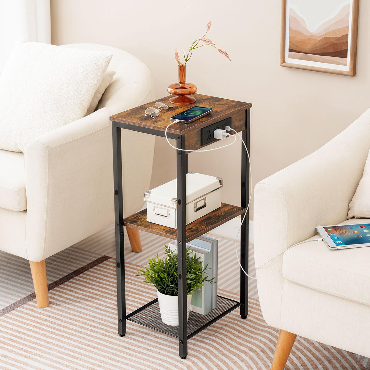 HOOBRO tall end table with adjustable middle shelf for flexible storage.