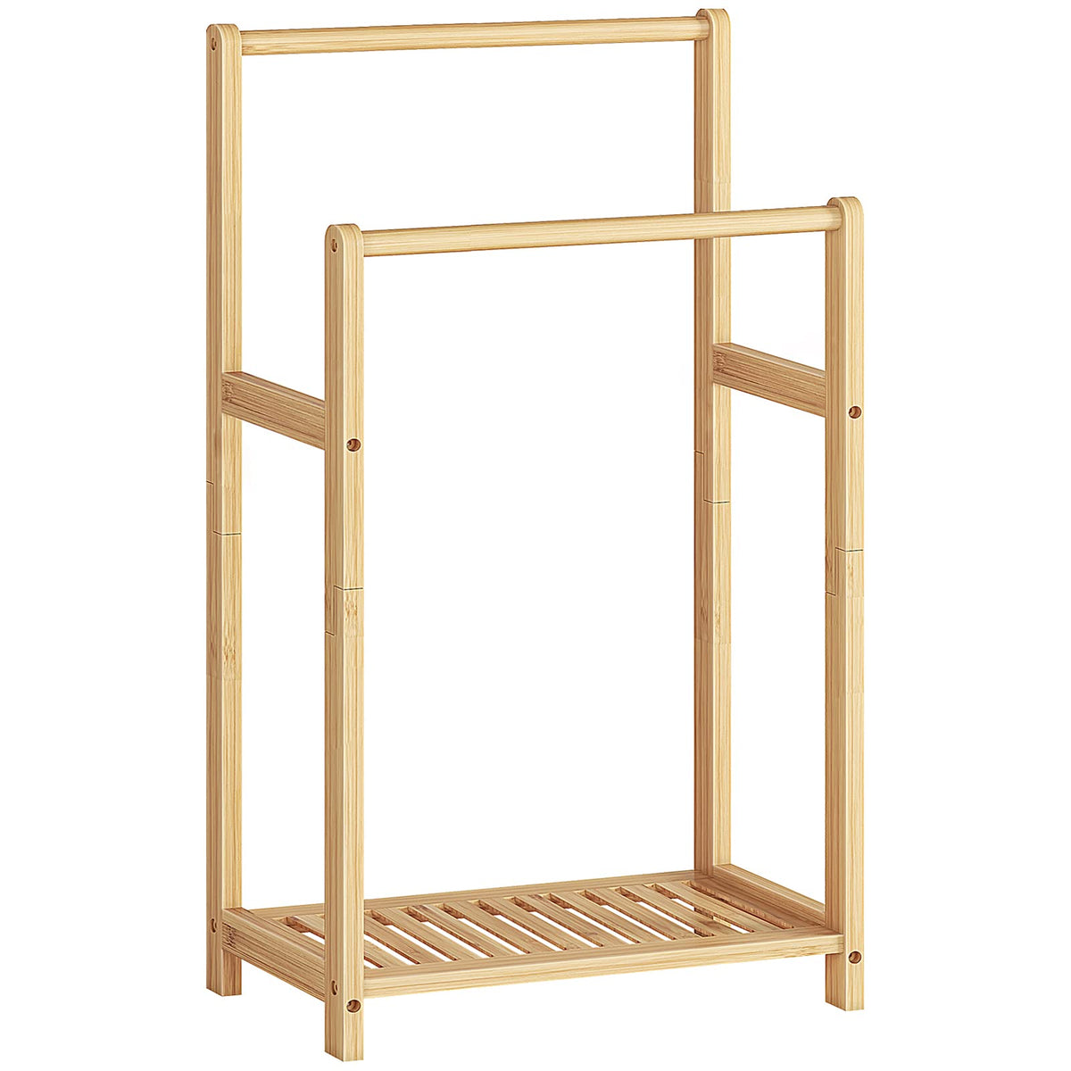 HOOBRO bamboo towel-rack stand showing organized towels with natural texture