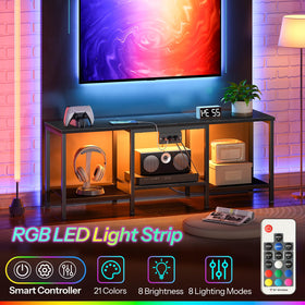HOOBRO TV Stand matte black frame with wood grain finish.