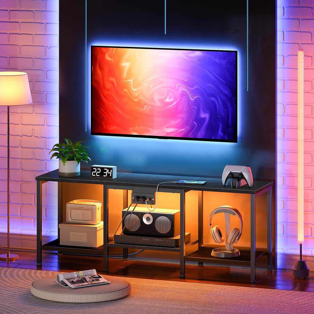 HOOBRO TV Stand open storage keeps consoles and media within reach.