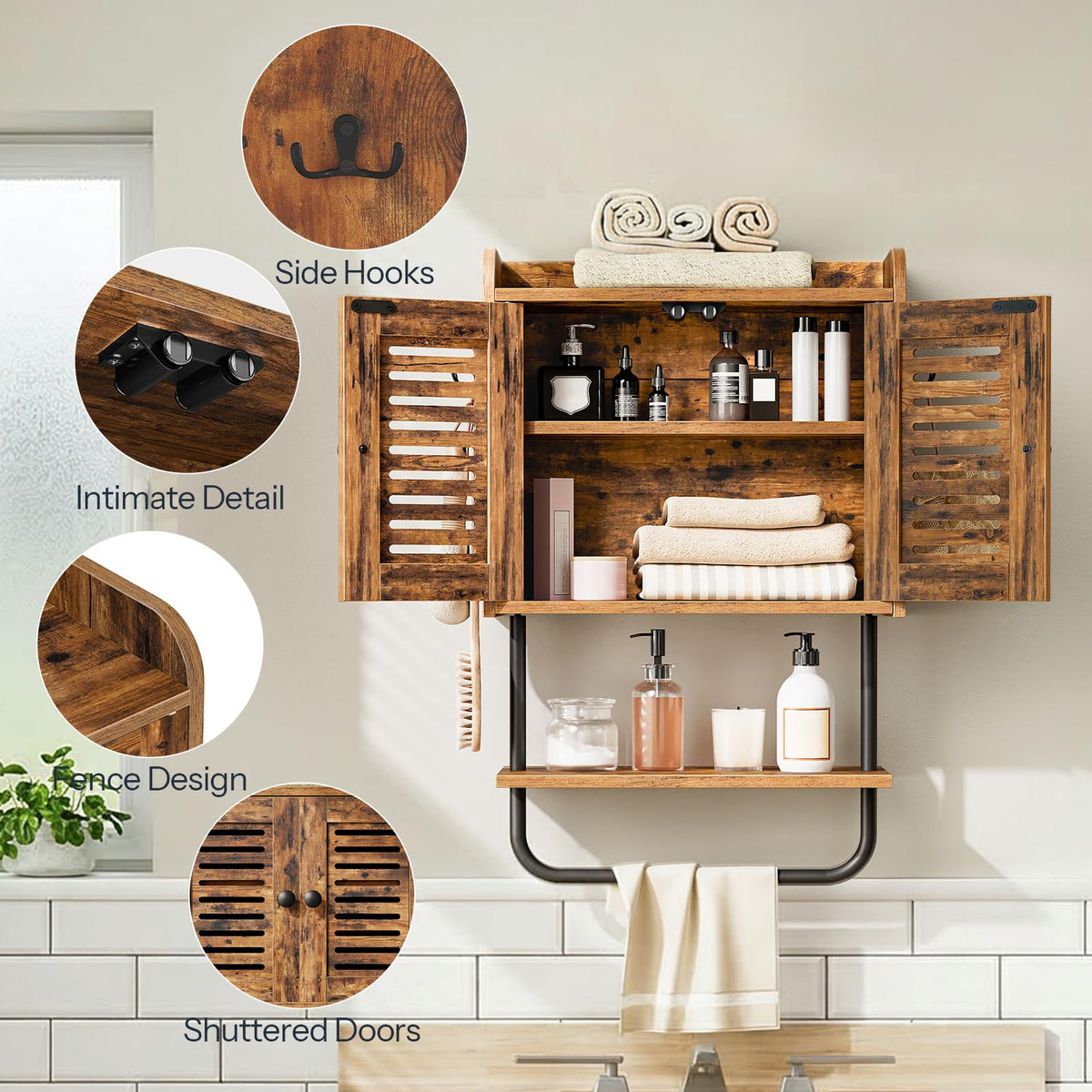 HOOBRO wall-mounted cabinet with two hooks keeps daily items within reach.