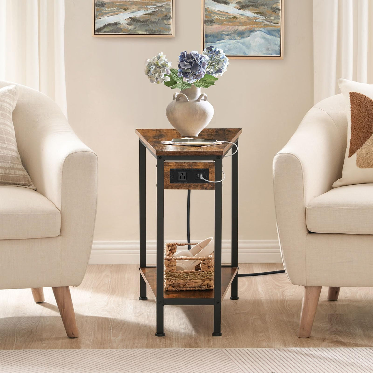 HOOBRO wedge end table open storage shelves keep remotes neatly organized.