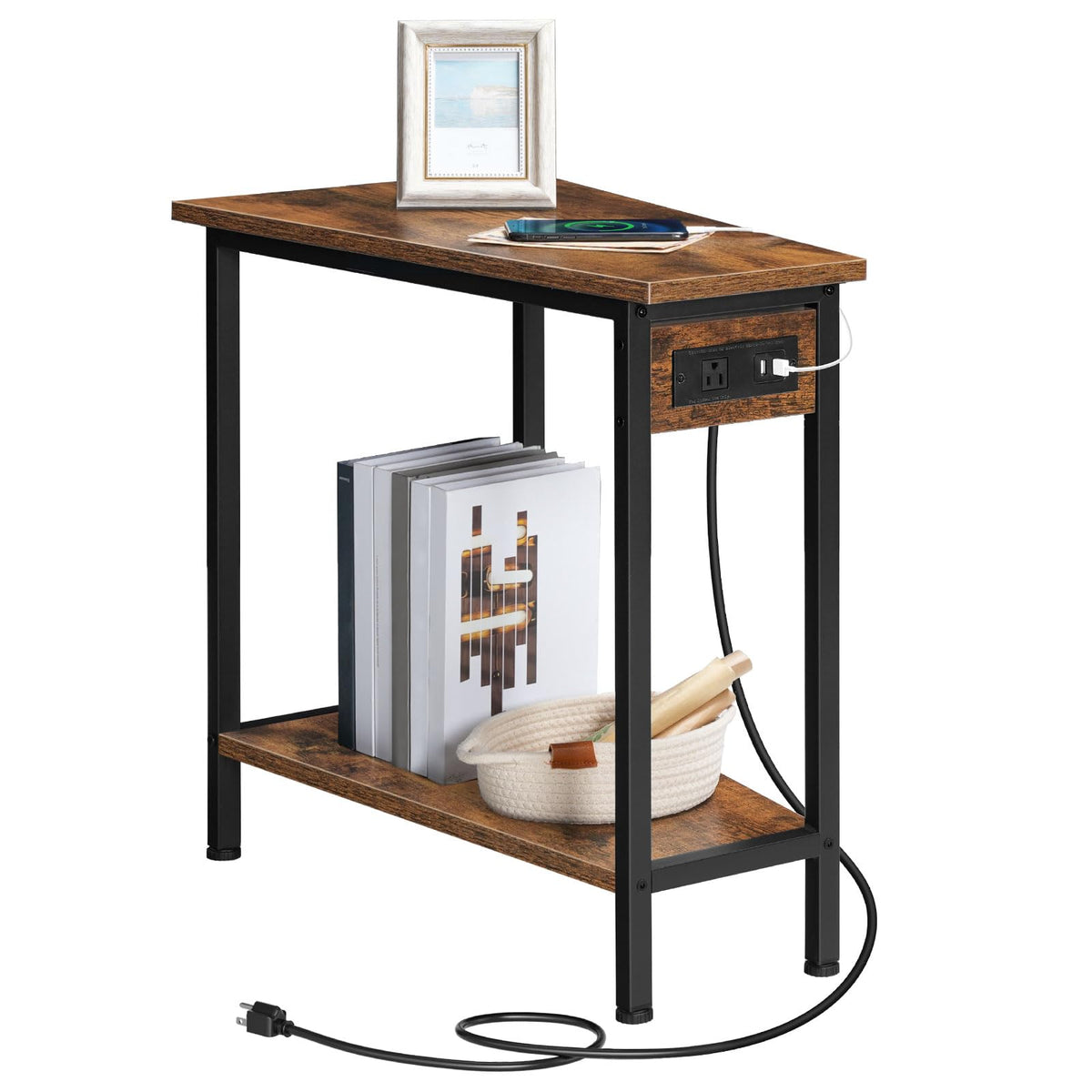 HOOBRO wedge end table two shelves keep essentials organized.