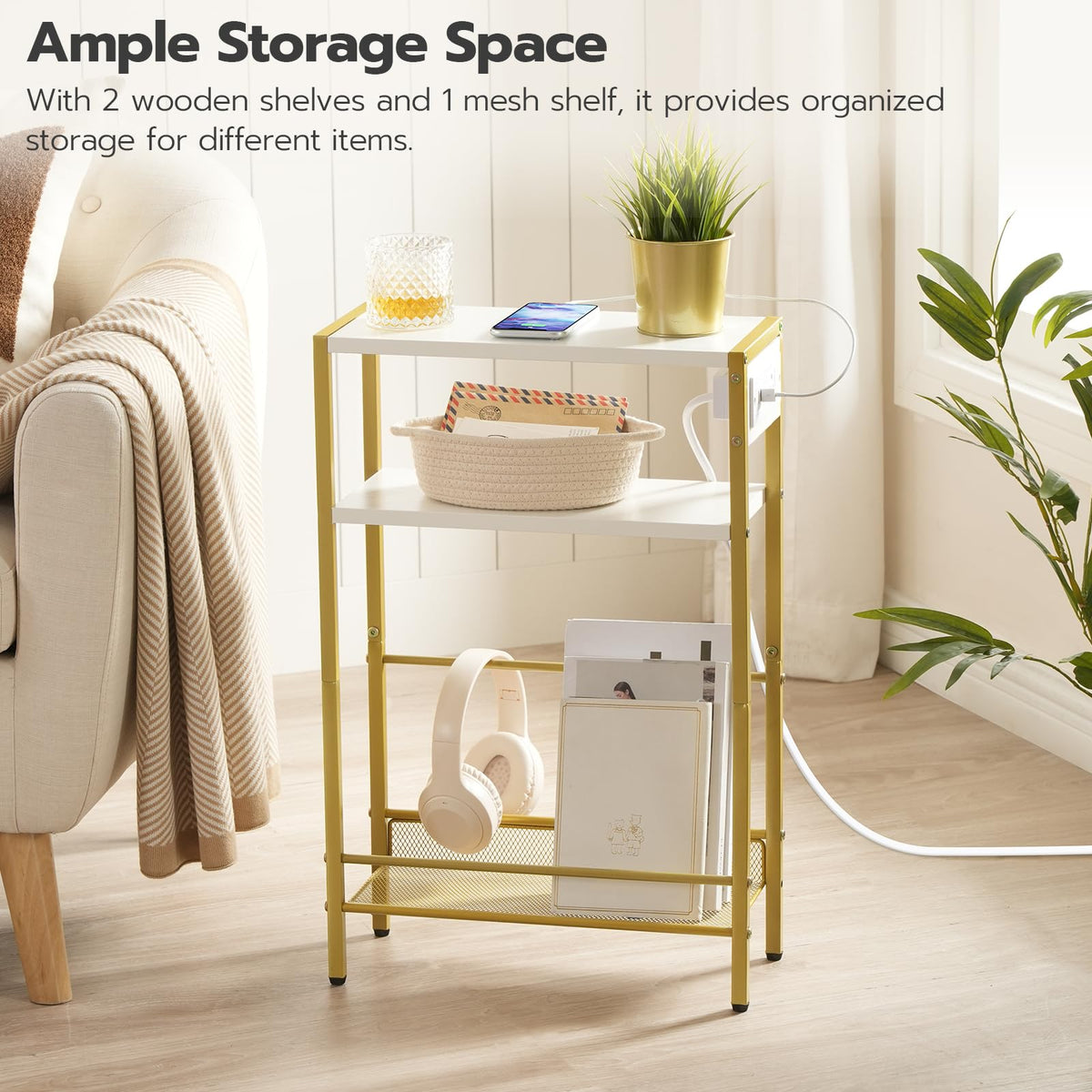 HOOBRO white and gold end table complements modern decor and fits slim spaces