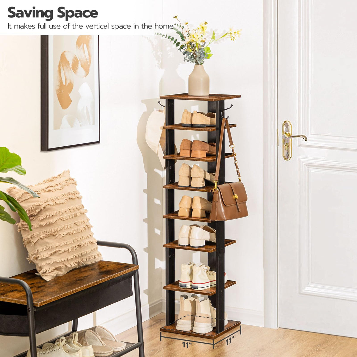 HOOBRO wooden shoe storage rack assembly process with labeled parts for easy setup