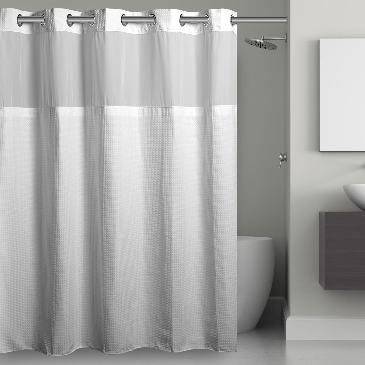 Hookless It's A Snap 3-in-1 curtain with built-in rings for fast, tool-free installation.